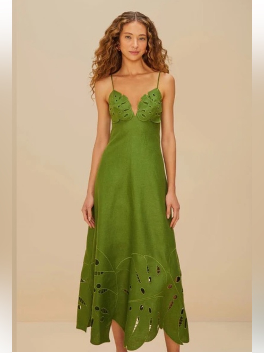 Farm Rio Green Monstera Embroidered Euroflax Midi Dress Size L Large Nwt